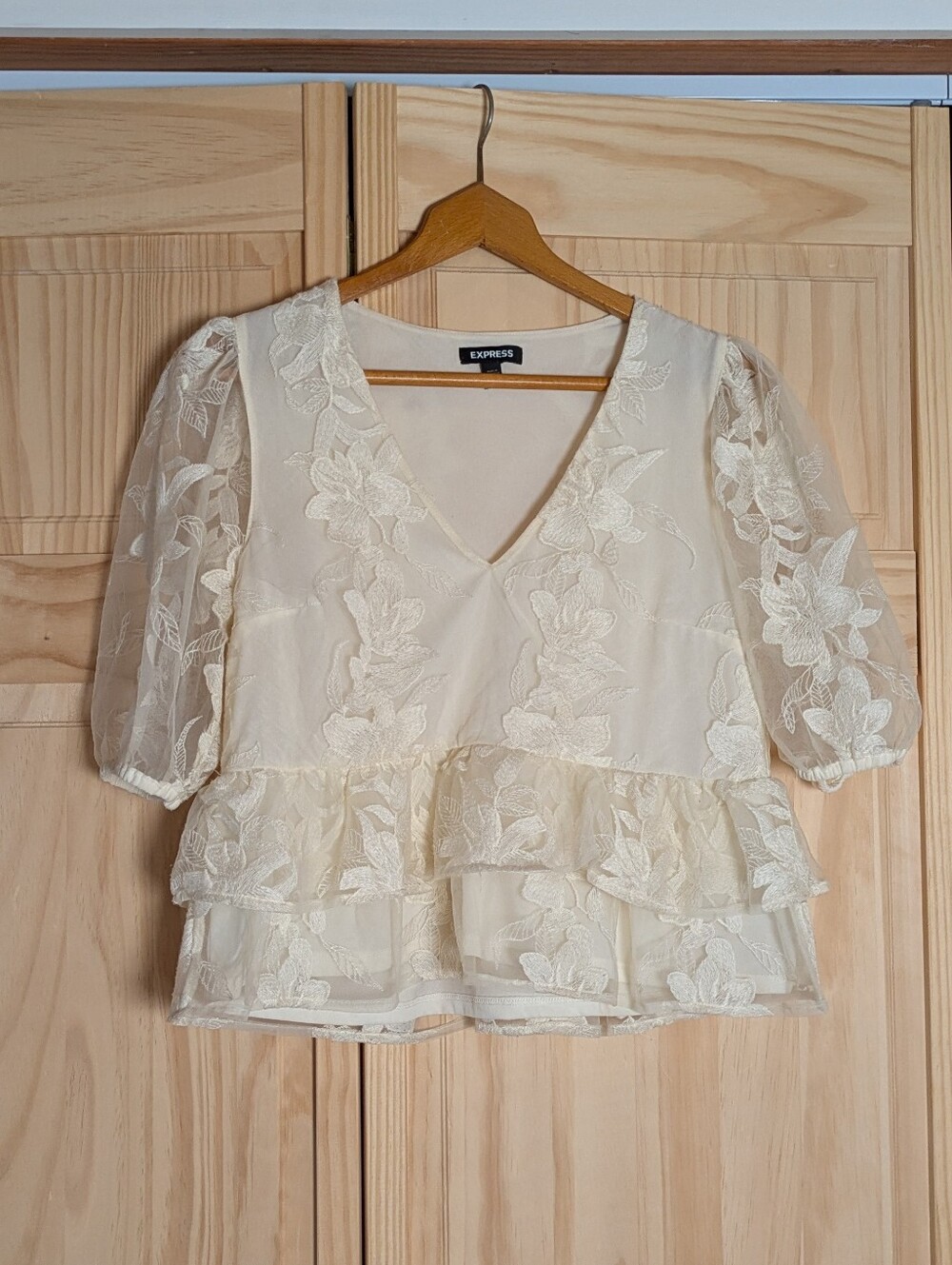Express Cream Floral Embroidered V-Neck Peplum Top